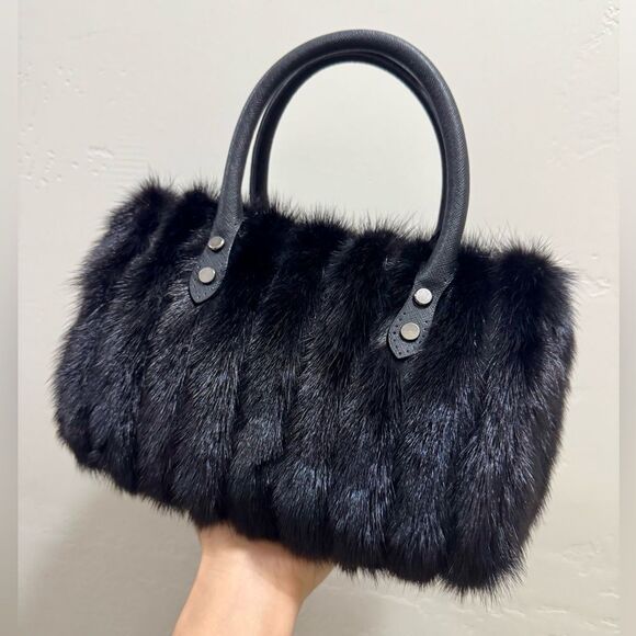 Black Real Mink Fur Handmade Boston Bag/Crossbody, with Free Fox Fur Ball Charm - Picture 6 of 16